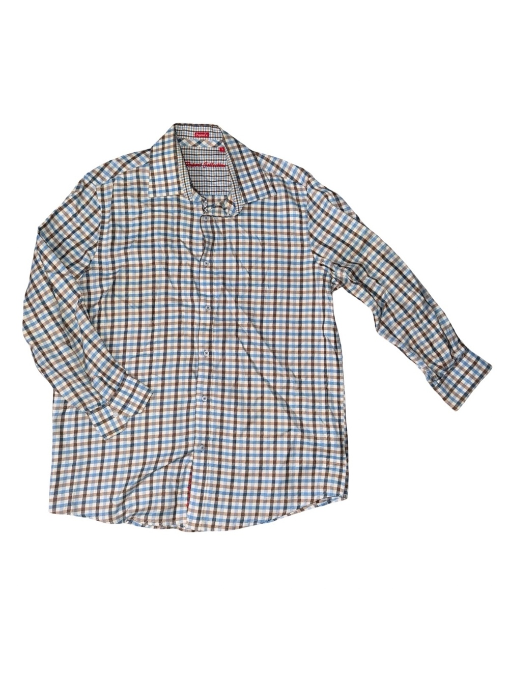 Robert Collection Men’s Shirt Size L Plaid Blue Brown Long Sleeve Button Up